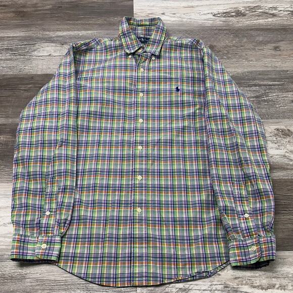 Vintage 90s Ralph Lauren Madras Purple Men M Custom Fit Preppy Button Up Shirt - Picture 2 of 9